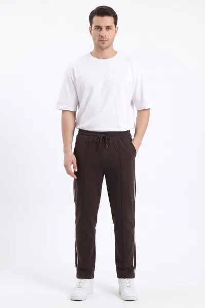 Kahverengi Regular Fit Çimalı Şerit Detaylı Erkek Eşofman Altı 496456