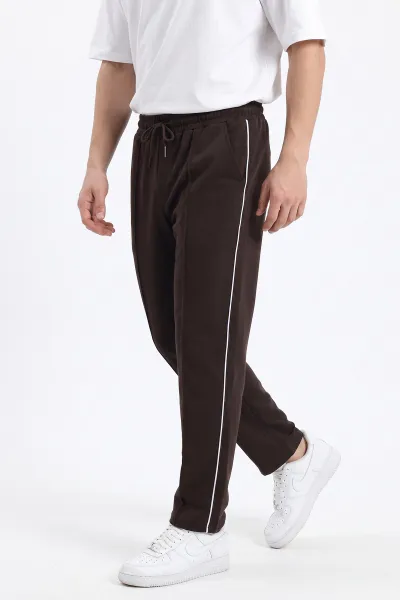 Kahverengi Regular Fit Çimalı Şerit Detaylı Erkek Eşofman Altı 496456