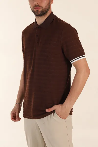 Kahverengi Regular Fit Çizgi Dokulu Fermuarlı Polo Yaka Erkek Triko Tişört 370065