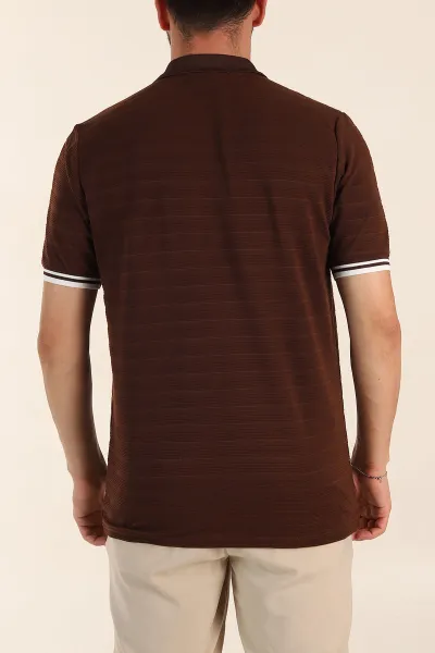 Kahverengi Regular Fit Çizgi Dokulu Fermuarlı Polo Yaka Erkek Triko Tişört 370065