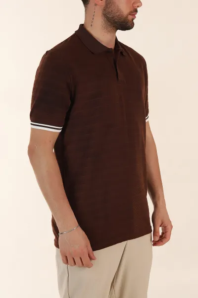 Kahverengi Regular Fit Çizgi Dokulu Fermuarlı Polo Yaka Erkek Triko Tişört 370065