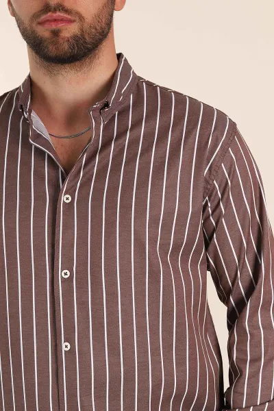 Kahverengi Regular Fit Çizgili Ata Yaka Uzun Kollu Erkek Gömlek 369996