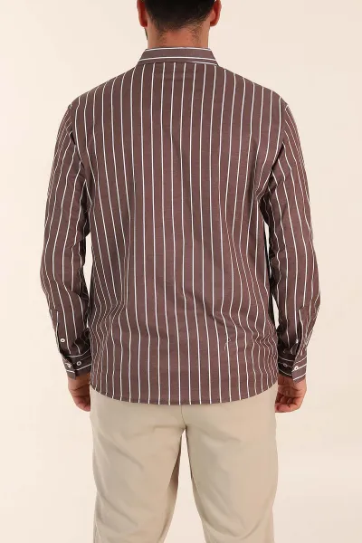 Kahverengi Regular Fit Çizgili Ata Yaka Uzun Kollu Erkek Gömlek 369996