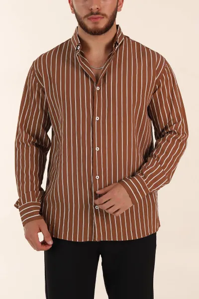 Kahverengi Regular Fit Çizgili Uzun Kollu Erkek Gömlek 369567