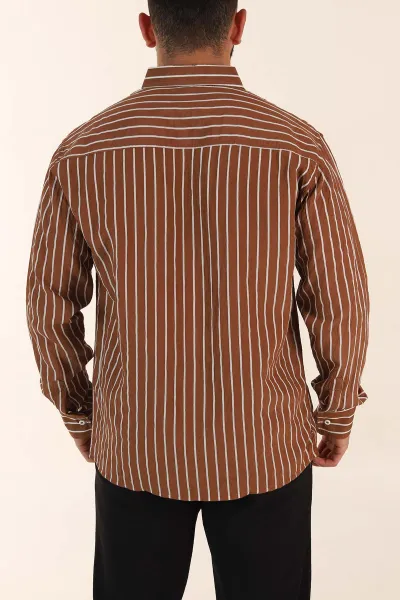 Kahverengi Regular Fit Çizgili Uzun Kollu Erkek Gömlek 369567