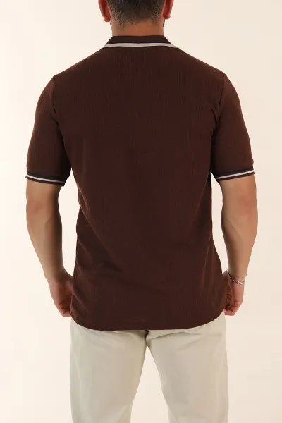 Kahverengi Regular Fit Dokulu Fermuarlı Polo Yaka Erkek Triko Tişört 370057