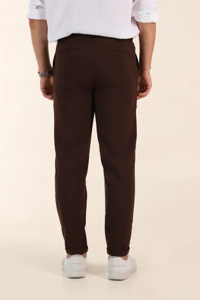 Kahverengi Regular Fit Duble Kumaş Duble Paça Bel Arkası Lastikli Erkek Pantolon 368373