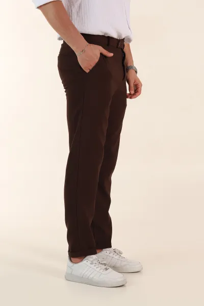 Kahverengi Regular Fit Duble Kumaş Duble Paça Bel Arkası Lastikli Erkek Pantolon 368373