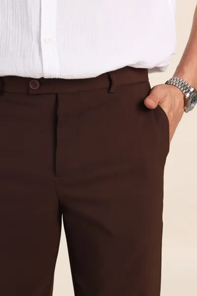 Kahverengi Regular Fit Duble Kumaş Duble Paça Bel Arkası Lastikli Erkek Pantolon 368373