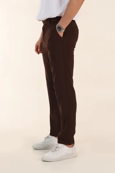 Kahverengi Regular Fit Duble Kumaş Duble Paça Bel Arkası Lastikli Erkek Pantolon 368373