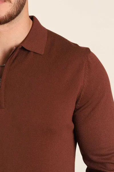 Kahverengi Regular Fit Fermuarlı Polo Yaka Uzun Kollu Triko 393303