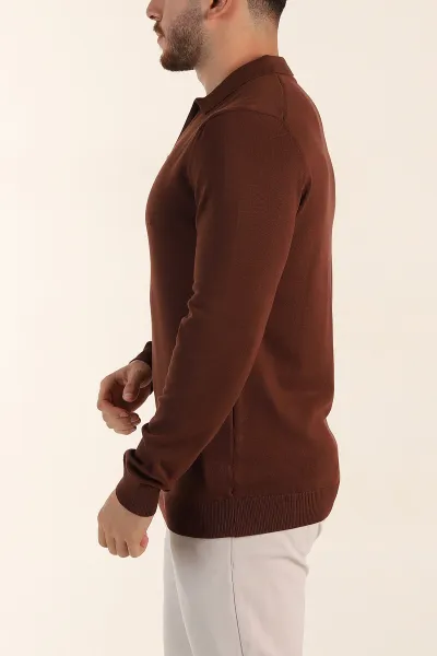 Kahverengi Regular Fit Fermuarlı Polo Yaka Uzun Kollu Triko 393303