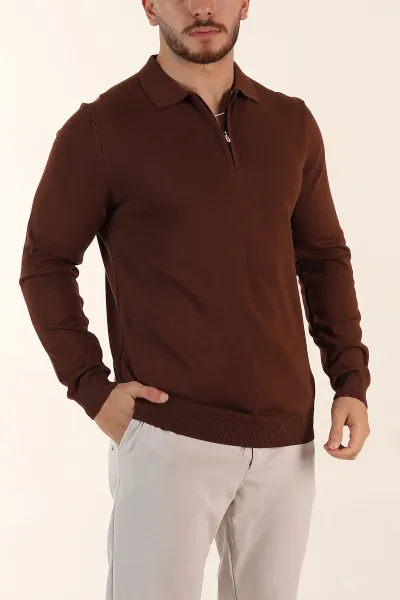 Kahverengi Regular Fit Fermuarlı Polo Yaka Uzun Kollu Triko 393303
