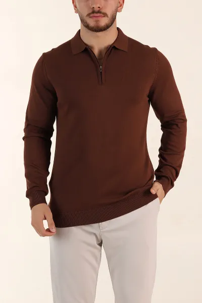 kahverengi-regular-fit-fermuarli-polo-yaka-uzun-kollu-triko-393303
