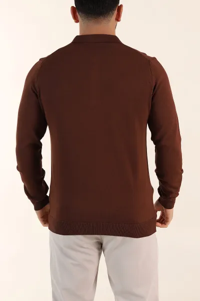 Kahverengi Regular Fit Fermuarlı Polo Yaka Uzun Kollu Triko 393303