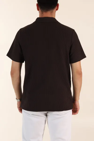 Kahverengi Regular Fit Fitilli Doku Fermuarlı Polo Yaka Erkek Tişört 369060