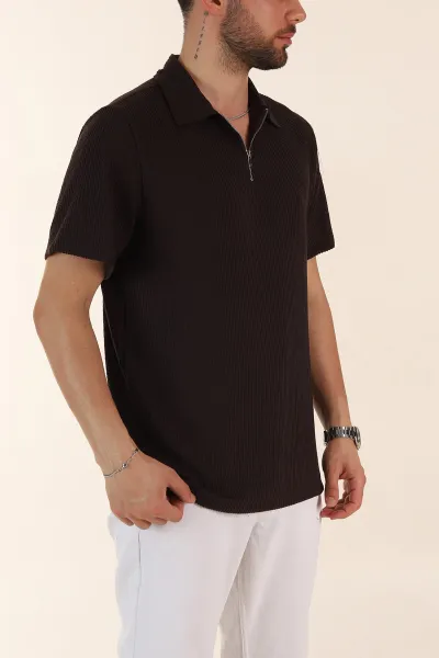 Kahverengi Regular Fit Fitilli Doku Fermuarlı Polo Yaka Erkek Tişört 369060