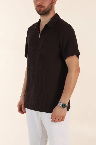 Kahverengi Regular Fit Fitilli Doku Fermuarlı Polo Yaka Erkek Tişört 369060