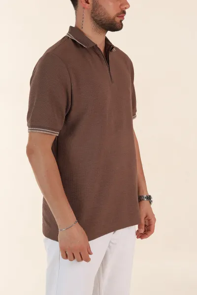 Kahverengi Regular Fit Likralı Çizgili Polo Yaka Erkek Tişört 368732