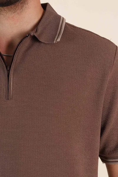 Kahverengi Regular Fit Likralı Çizgili Polo Yaka Erkek Tişört 368732