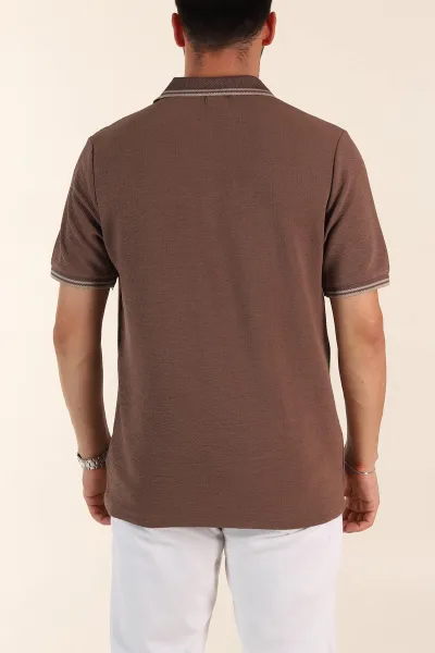 Kahverengi Regular Fit Likralı Çizgili Polo Yaka Erkek Tişört 368732