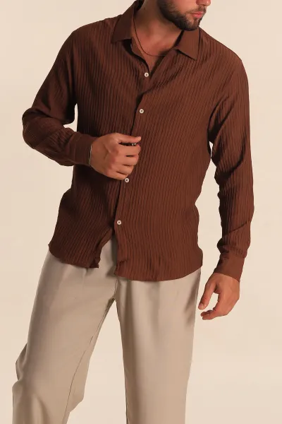 Kahverengi Regular Fit Plise Dokulu Erkek Gömlek 285473