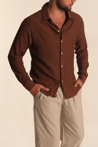 Kahverengi Regular Fit Plise Dokulu Erkek Gömlek 285473