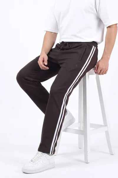 Kahverengi Regular Fit Şerit Detaylı Fermuarlı Cepli Erkek Eşofman Altı 496342