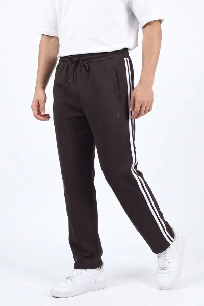 Kahverengi Regular Fit Şerit Detaylı Fermuarlı Cepli Erkek Eşofman Altı 496342