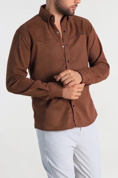 Kahverengi Regular Fit Süet Çıt Çıt Düğmeli Erkek Gömlek 309301