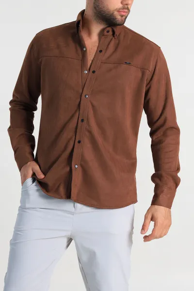 Kahverengi Regular Fit Süet Çıt Çıt Düğmeli Erkek Gömlek 309301