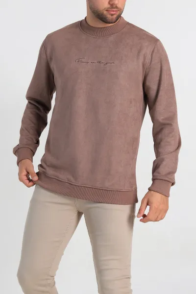 Kahverengi Regular Fit Süet Kabartma Yazı Detaylı Erkek Sweatshirt 305900