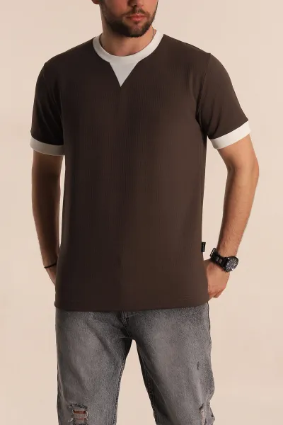 Kahverengi Regular Fit Yaka Detaylı Erkek Tişört 268639