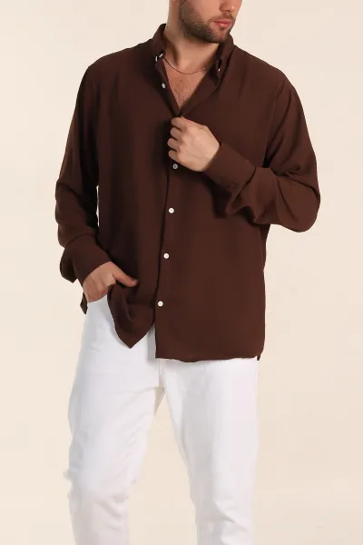 Kahverengi Relaxed Fit Aerobin Keten Ata Yaka Erkek Gömlek 339121