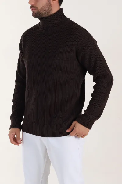 Kahverengi Relaxed Fit Balıkçı Yaka Erkek Triko Kazak 397756