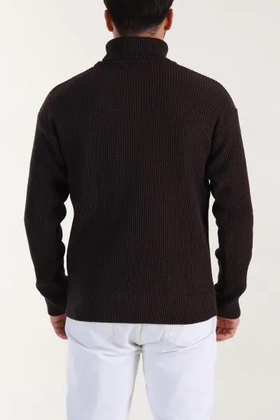 Kahverengi Relaxed Fit Balıkçı Yaka Erkek Triko Kazak 397756