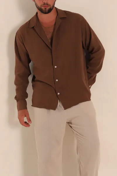 Kahverengi Relaxed Fit Bambu Keten Apaş Yaka Erkek Gömlek 285490