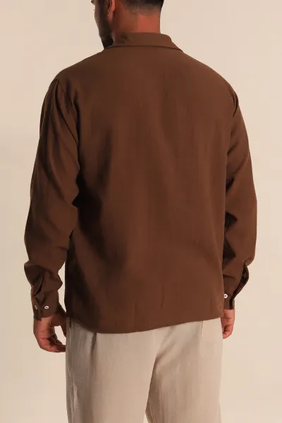 Kahverengi Relaxed Fit Bambu Keten Apaş Yaka Erkek Gömlek 285490