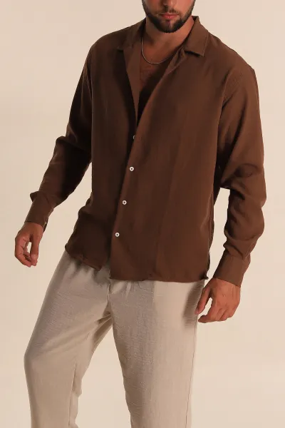 Kahverengi Relaxed Fit Bambu Keten Apaş Yaka Erkek Gömlek 285490