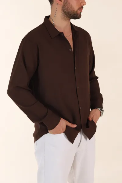 Kahverengi Relaxed Fit Bürümcük Dokulu Uzun Kollu Erkek Gömlek 369320