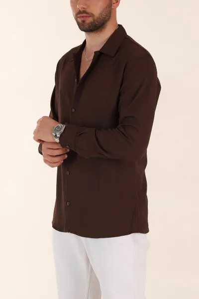 Kahverengi Relaxed Fit Bürümcük Dokulu Uzun Kollu Erkek Gömlek 369320