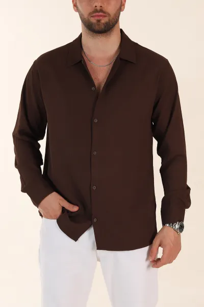 kahverengi-relaxed-fit-burumcuk-dokulu-uzun-kollu-erkek-gomlek-369320