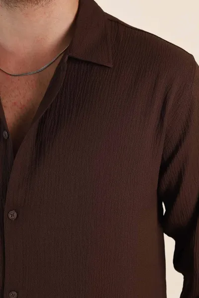Kahverengi Relaxed Fit Bürümcük Dokulu Uzun Kollu Erkek Gömlek 369320