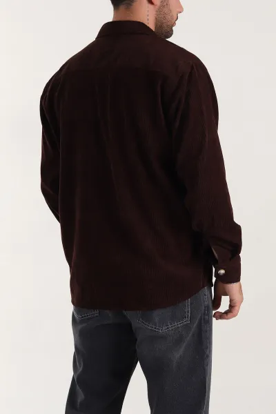 Kahverengi Relaxed Fit Cep Detaylı Kalın Fitilli Kadife Erkek Gömlek 397931