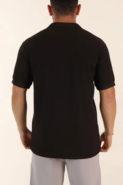 Kahverengi Relaxed Fit Çizgi Detaylı Fermuarlı Polo Yaka Erkek Tişört 370330