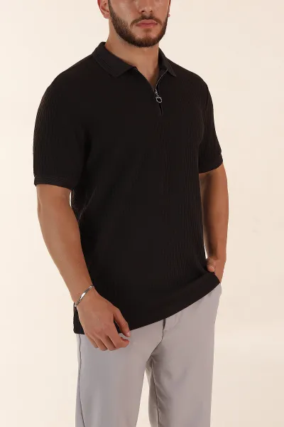 Kahverengi Relaxed Fit Çizgi Detaylı Fermuarlı Polo Yaka Erkek Tişört 370330