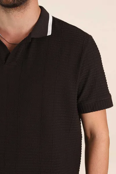 Kahverengi Relaxed Fit Çizgi Detaylı Polo Yaka Erkek Tişört 370320
