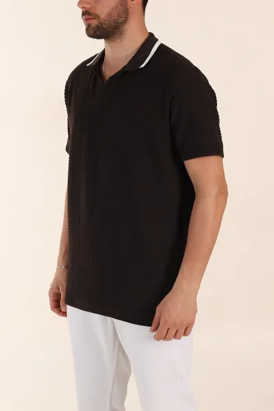 Kahverengi Relaxed Fit Çizgi Detaylı Polo Yaka Erkek Tişört 370320