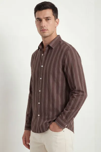 Kahverengi Relaxed Fit Çizgili Erkek Gömlek 435784
