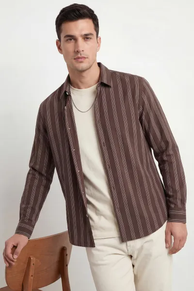 Kahverengi Relaxed Fit Çizgili Erkek Gömlek 435784